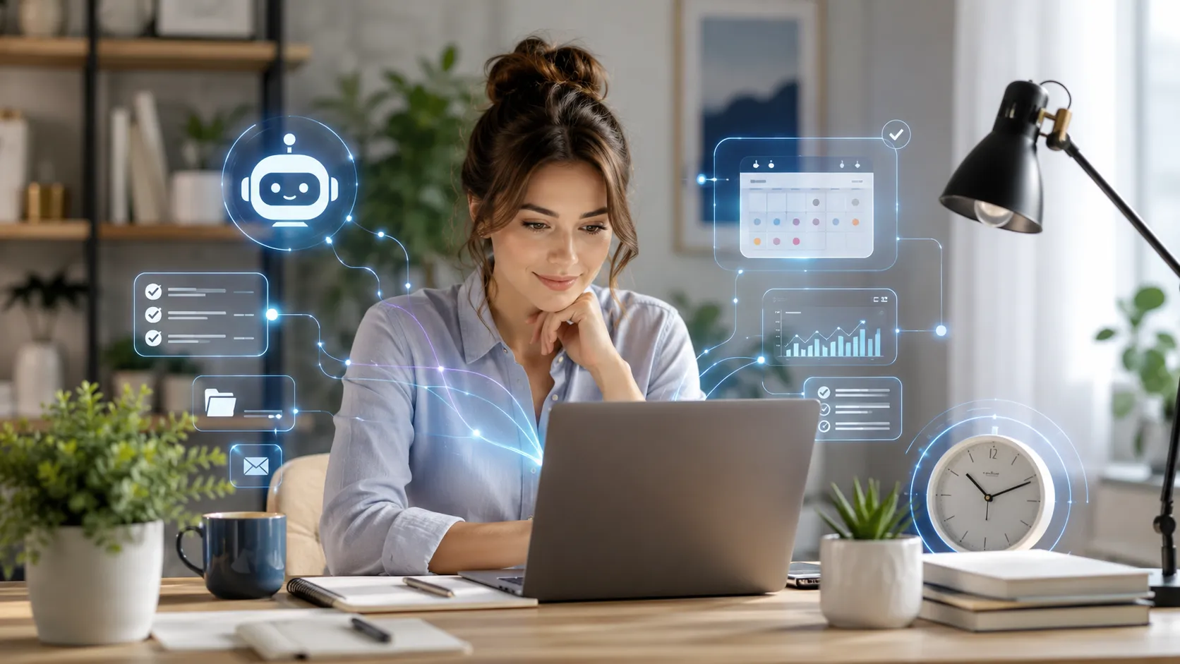 Een moderne freelancer werkt efficiënt met AI, slimme planning en digitale automatisering.