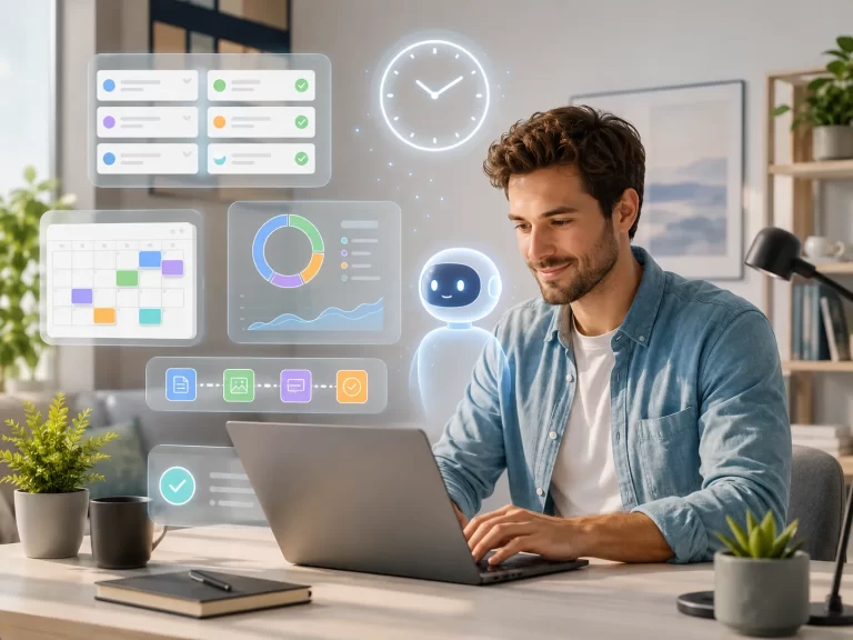 Een moderne freelancer gebruikt AI om taken, planning en overzicht sneller en efficiënter te beheren.