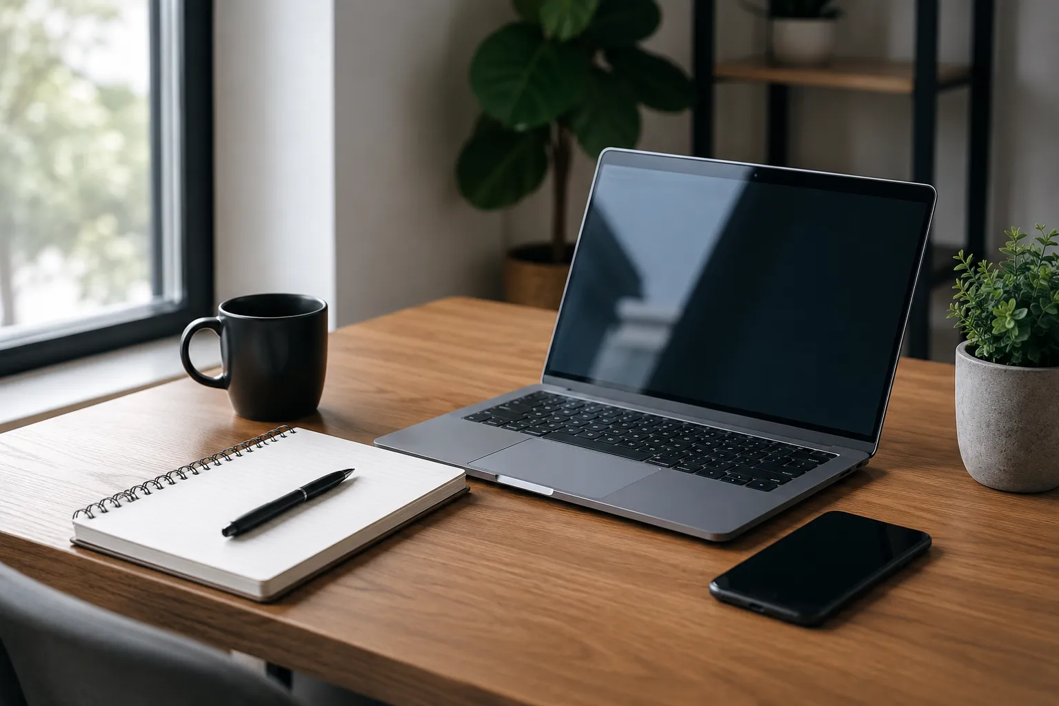 Een rustige, moderne thuiswerkplek met laptop, notitieboek en koffie, perfect voor zzp’ers die efficiënt met AI-tools willen werken.
