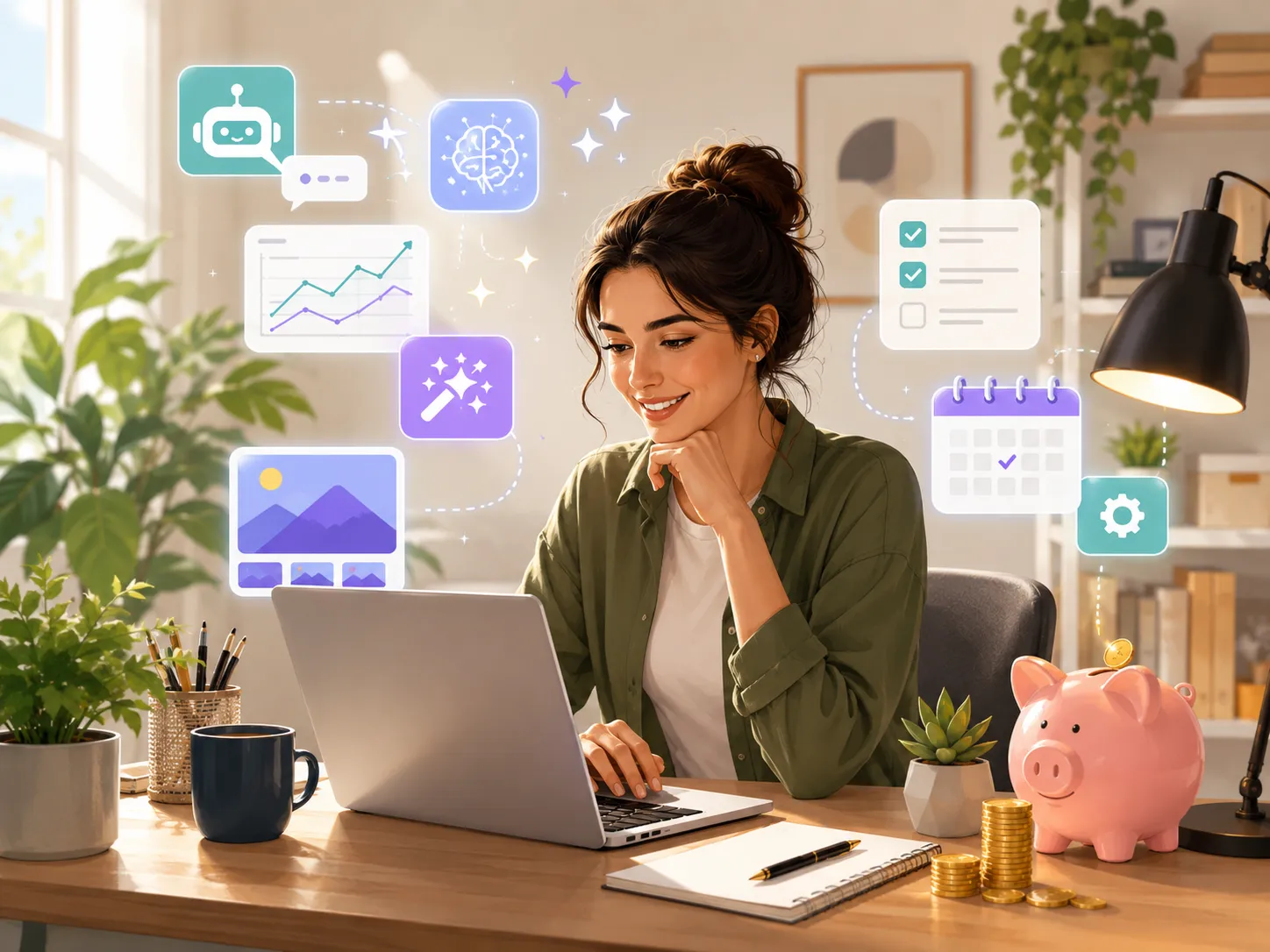 Een zelfstandige professional werkt slim en efficiënt met AI-tools vanuit een modern thuiskantoor, zonder groot budget.