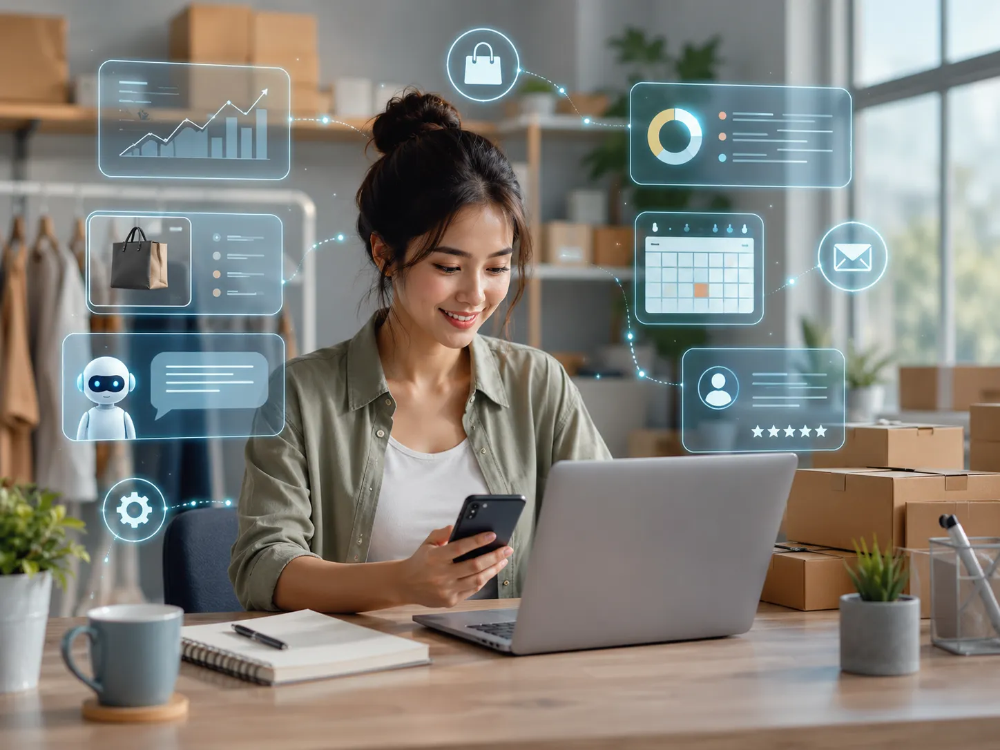 Een moderne ondernemer gebruikt slimme AI-tools om werkprocessen, planning en klantcontact efficiënter te maken.