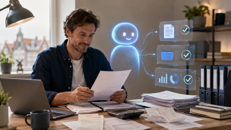 Slimme AI-assistent ondersteunt een zelfstandige bij het controleren en ordenen van facturen voor een foutloze btw-aangifte.