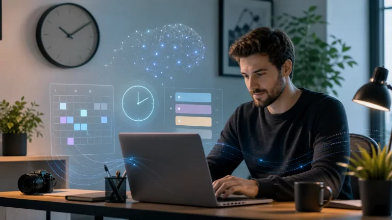 Een zelfstandige gebruikt slimme AI-tools om werktijd, planning en taken efficiënter bij te houden.