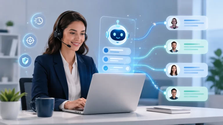 Een professionele medewerker gebruikt AI om klantvragen sneller, duidelijker en efficiënter te beantwoorden.