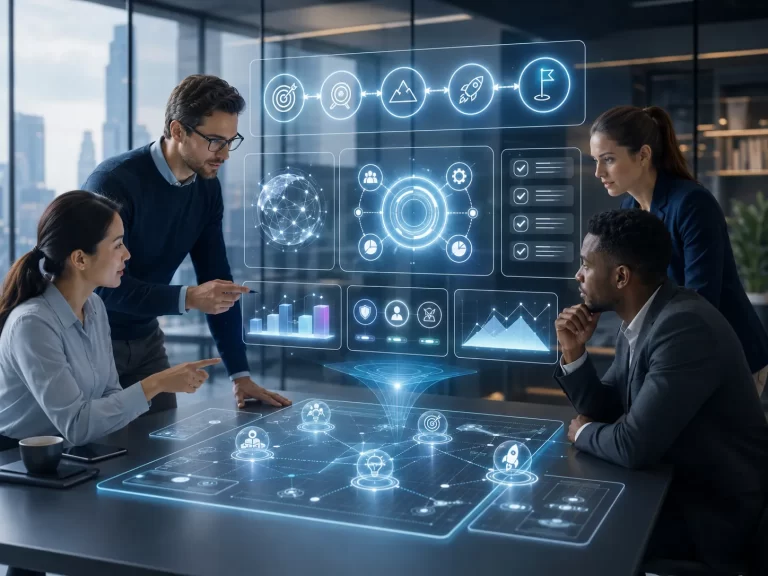 Een modern team gebruikt slimme AI-tools om snel een helder en strategisch bedrijfsplan te maken.