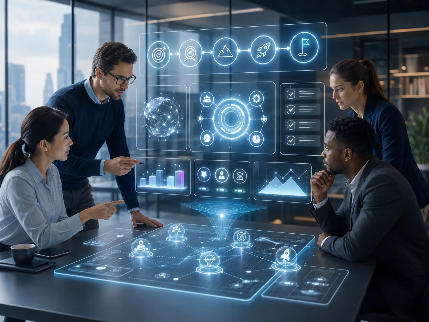 Een modern team gebruikt slimme AI-tools om snel een helder en strategisch bedrijfsplan te maken.