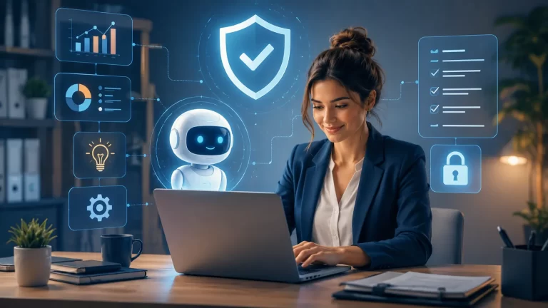 Een ondernemer gebruikt AI slim en verantwoord, met focus op veiligheid, privacy en efficiëntie.