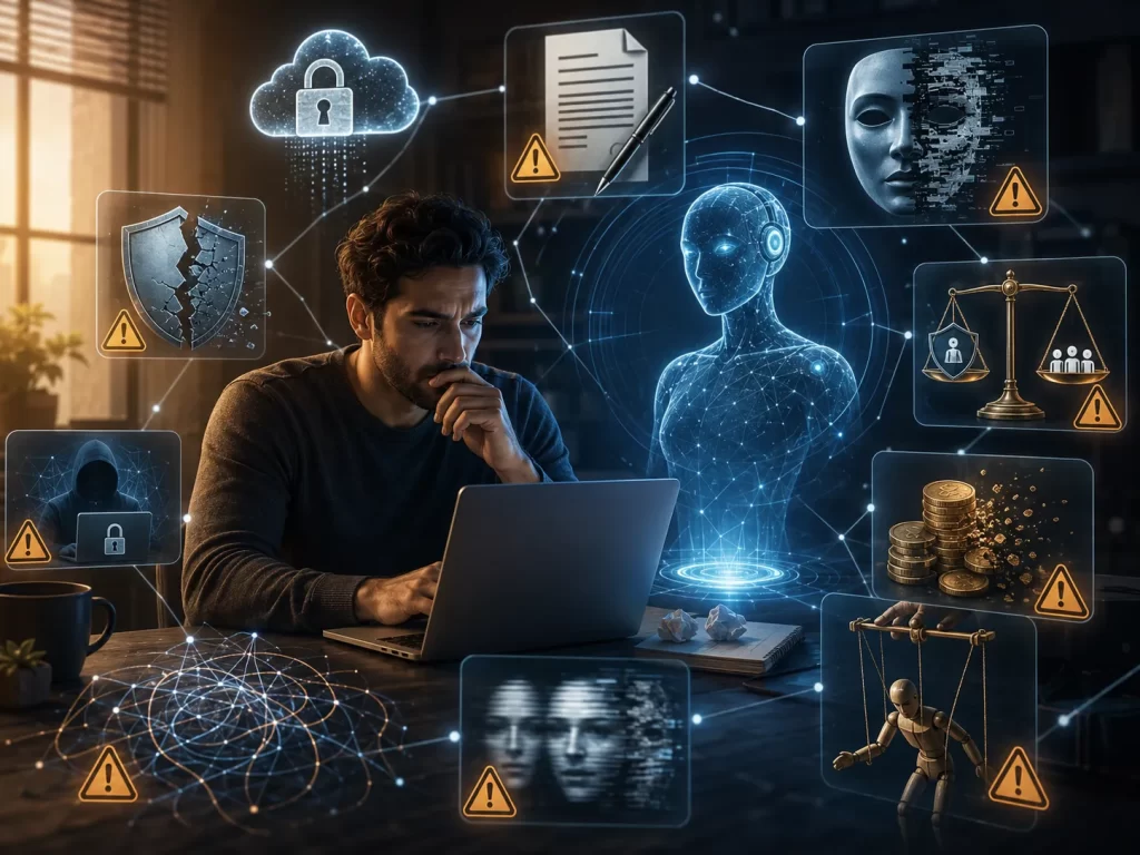 Een zelfstandige professional wordt omringd door digitale waarschuwingen rond privacy, veiligheid, contracten en financiële risico’s bij het gebruik van AI.